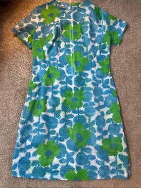 🍀🩵🍀🩵Incredible True Vintage Handmade Hyper Mod Blue Green Floral Shift szL?